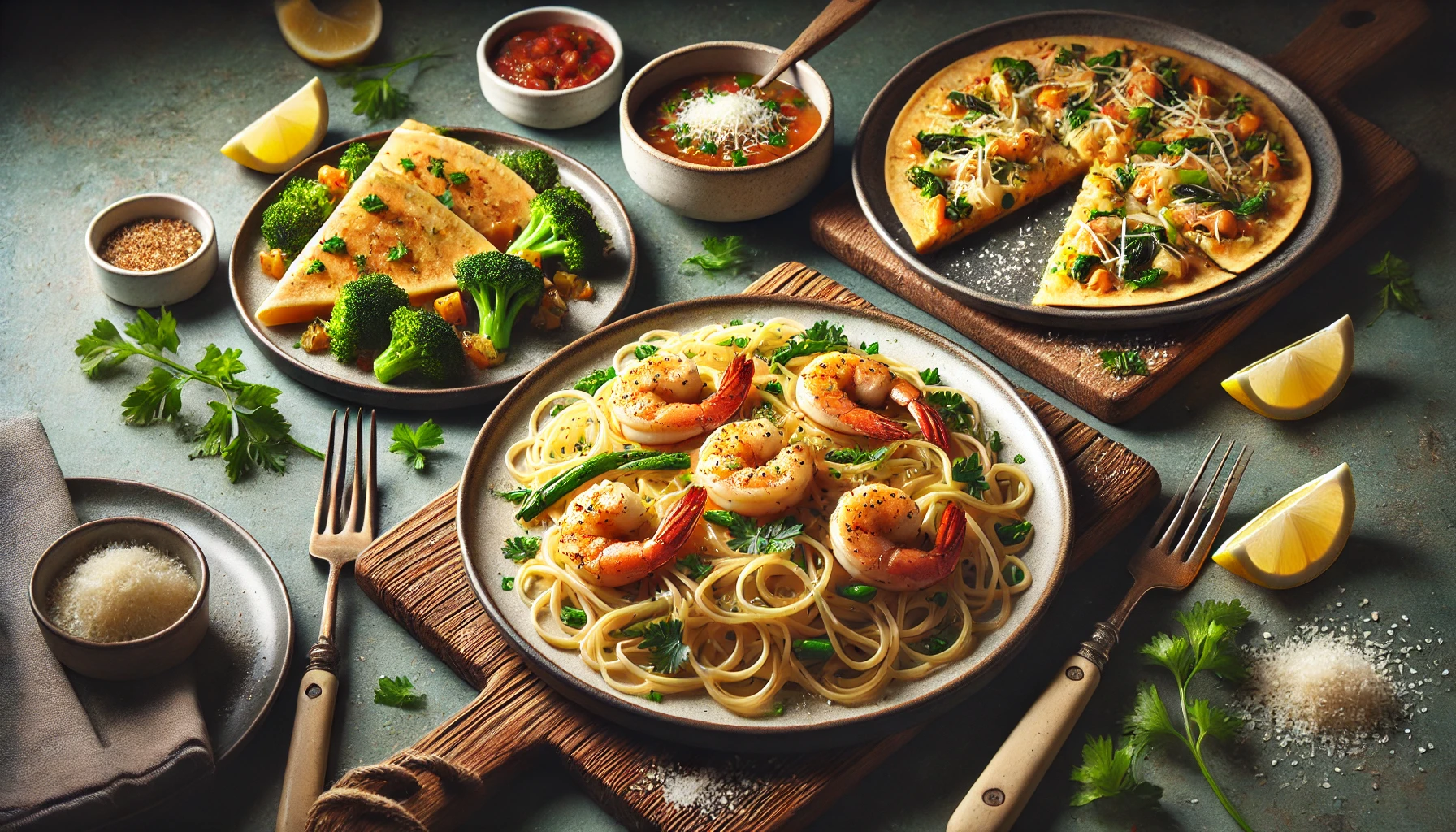 15-Minute Dinners for Busy Weeknights: Quick & Delicious Recipes 1 DALL·E 2024 08 21 21.05.39 A detailed table presentation showcasing three dishes in one setting. The first dish is a close up shot of garlic shrimp pasta with perfectly al dent